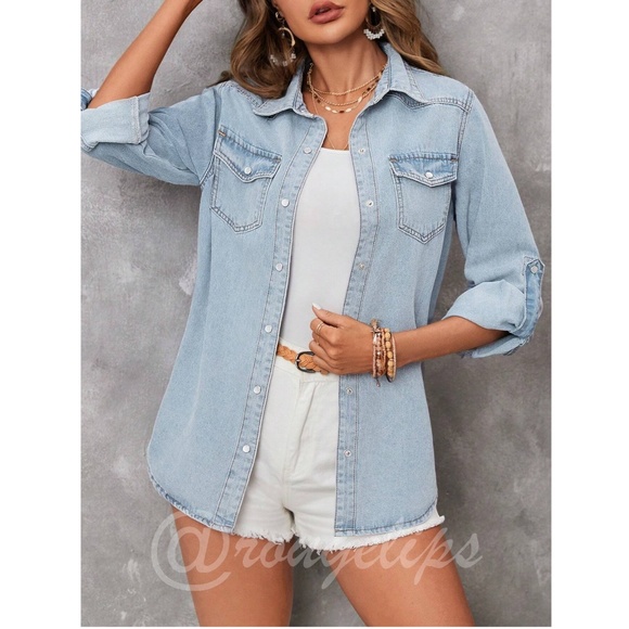 Light Wash Blue Flap Pocket Roll Tab Long Sleeve Denim Button Up Down Shirt - Picture 3 of 6